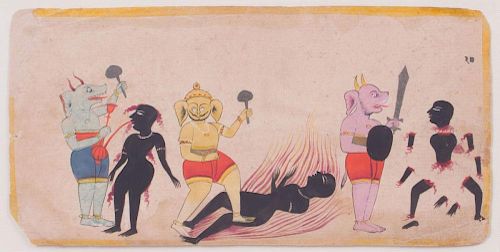 INDIAN SCHOOL: JAIN PICTURE ALBUM PAGE DEPICTING TORMENTS OF THE CONDEMNED IN HELL