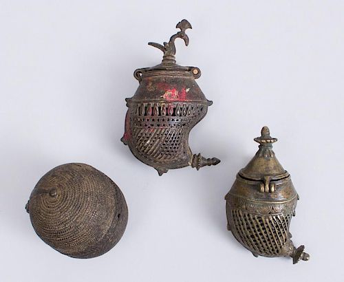 GROUP OF THREE INDIAN METAL BETEL NUT AND LIME BOXES