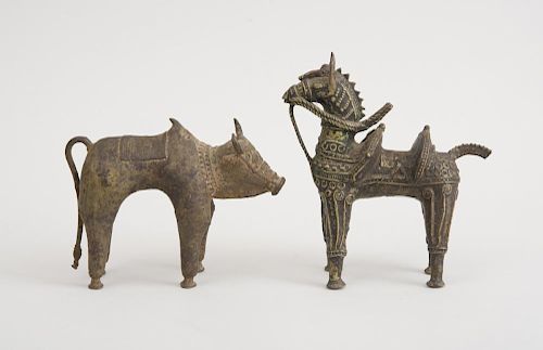 INDIAN BRONZE HORSE WITH SADDLE AND A STANDING BRONZE BULL