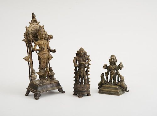 INDIAN BRONZE STANDING MALE FIGURE ON BASE, TOGETHER WITH INDIAN BRONZE BHAIRAVA WITH ANIMALS AND AN INDIAN BRONZE VISHNU ON 