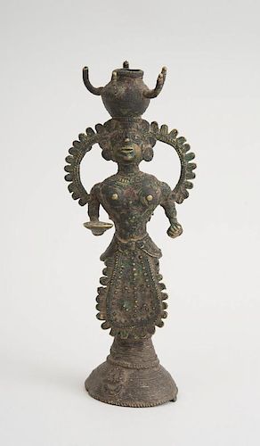 INDIAN TRIBAL BASTAR METAL WOMAN SUPPORTING A LAMP, MADHYA PRADESH
