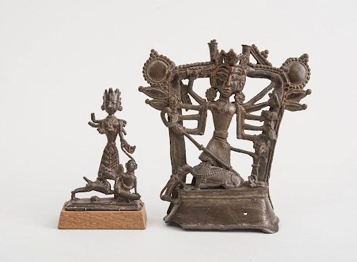 INDIAN METAL FIGURE OF DURGA WITH ANIMAL AND ATTENDANT