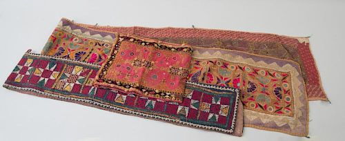TWO INDIAN EMBROIDERED COTTON LONG HANGING PANELS AND A SMALL PANEL, WITH MICA CHIP MOUNTS