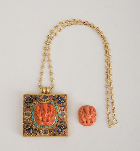 INDIAN GOLD, JEWELED AND CORAL GANESH PENDANT