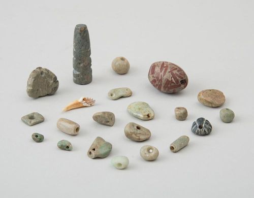 GROUP OF TEN FLINT AND OTHER STONE ARROW HEADS AND A GROUP OF TWENTY MISCELLANEOUS JADE AND OTHER STONE BEADS