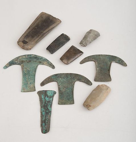 GROUP OF FIVE NEOLITHIC 'ADZE' HEADS, TABANAN, DENPASAR, BALI AND FOUR AZTEC COPPER HOE MONEY PIECES