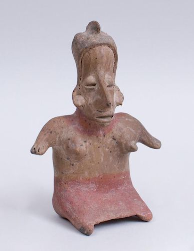 NAYARIT FIGURE OF A SEATED FEMALE WITH RED-PAINTED NECK PIECE AND SKIRT