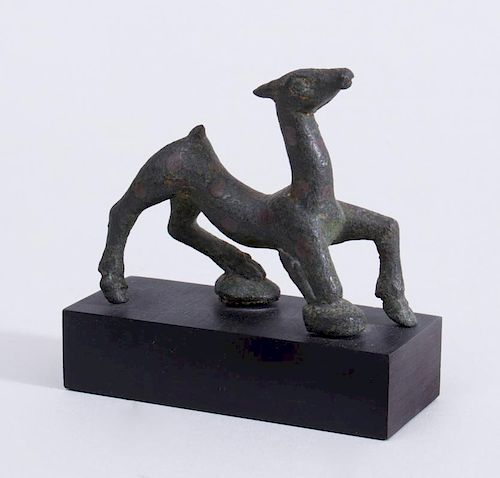 EASTERN STEPPE BRONZE WITH SILVER INLAY FIGURE OF A FAWN, POSSIBLY ROMAN EMPIRE