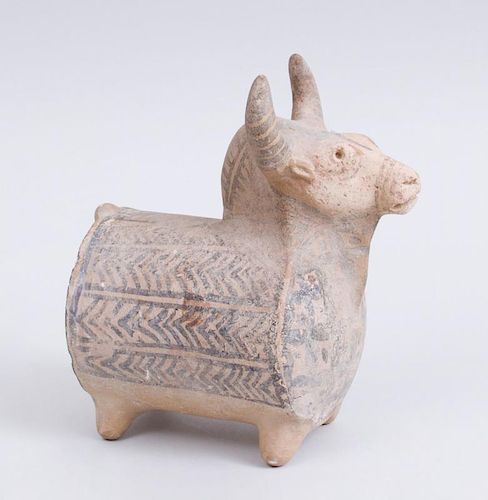 PRE-COLUMBIAN PAINTED POTTERY FIGURE OF A BULL, CHANCAY, PERU