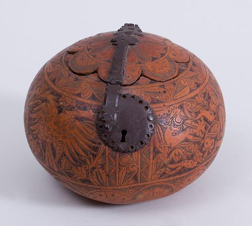 SPANISH COLONIAL IRON-MOUNTED RELIEF-CARVED GOURD SAFE
