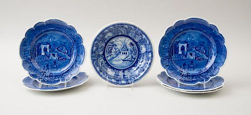 SET OF FIVE ROGERS STAFFORDSHIRE BLUE TRANSFER-PRINTED POTTERY PLATES AND A FRUIT BOWL, WITH INDIAN VIEWS