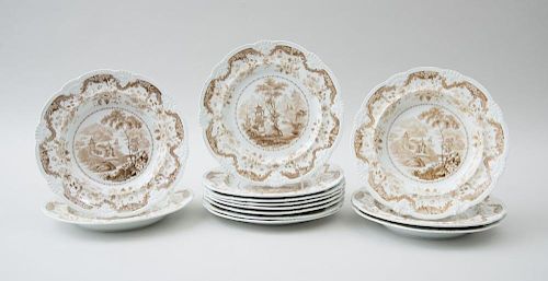SET OF THIRTEEN DAVENPORT BROWN TRANSFER-PRINTED POTTERY PLATES, A VEGETABLE DISH AND COVER AND A PLATTER