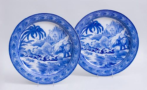 PAIR OF STAFFORDSHIRE BLUE TRANSFER-PRINTED POTTERY CIRCULAR PLATTERS