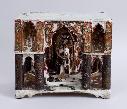 INDIAN PAINTED POTTERY SHRINE WITH CENTRAL FOUNTAIN AND THREE FIGURES