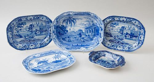 FIVE STAFFORDSHIRE BLUE-TRANSFER-PRINTED POTTERY ARTICLES WITH INDIAN VIEWS