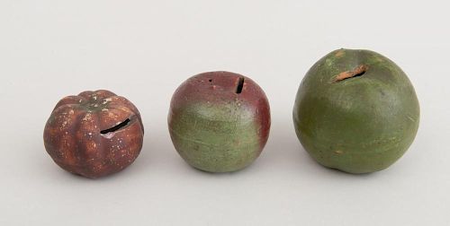 GROUP OF THREE AMERICAN REDWARE FRUIT-FORM COIN BANKS