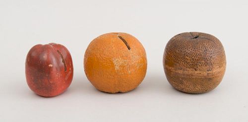 GROUP OF THREE AMERICAN REDWARE FRUIT-FORM BANKS