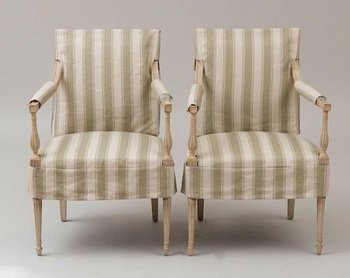 PAIR OF GEORGE III PAINTED ARMCHAIRS, AFTER A DESIGN BY HOLLAND & SON
