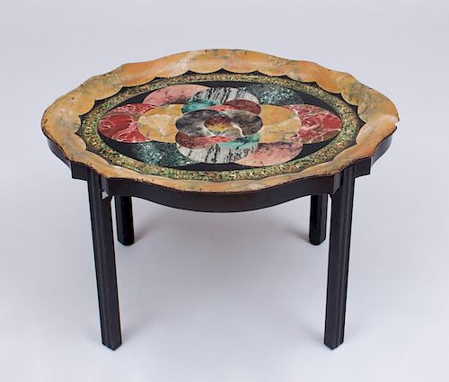 VICTORIAN TROMPE L'OEIL PAINTED PAPIER MACHÉ TRAY, ON LATER STAND