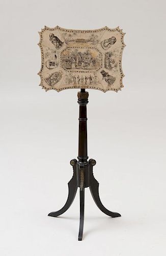 EARLY VICTORIAN PENWORK-DECORATED AND EBONIZED ADJUSTABLE FIRE SCREEN