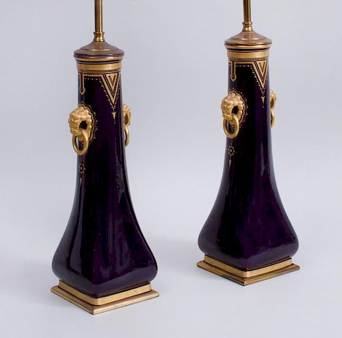 PAIR OF CONTINENTAL COBALT-BLUE GROUND VASES, MOUNTED AS LAMPS