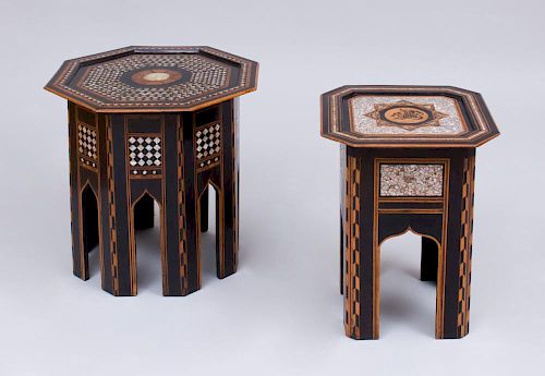 TWO MIDDLE EASTERN MOTHER-OF-PEARL INLAID EBONY AND HARDWOOD PARQUETRY END TABLES