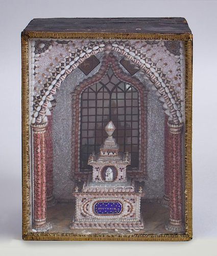 FRENCH ENAMEL AND SHELL-MOUNTED MODEL OF A MEMORIAL CHAPEL