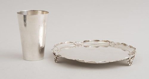 INDIAN UNADORNED SILVER BEAKER AND A TRIPOD SALVER