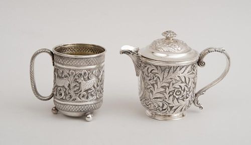 SRI LANKAN REPOUSSÉ SILVER CUP AND COVER AND A MUG