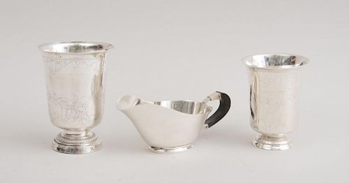 TWO CONTINENTAL ENGRAVED SILVER FOOTED CUPS AND A FRENCH SILVER SAUCE BOAT WITH WOOD HANDLE
