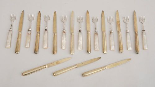 SET OF ELEVEN FRENCH SILVER-GILT FRUIT KNIVES AND NINE VICTORIAN MOTHER-OF-PEARL HANDLED SILVER FORKS