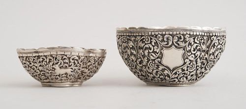 TWO INDIAN EMBOSSED SILVER BOWLS, IN THE KUTCH STYLE