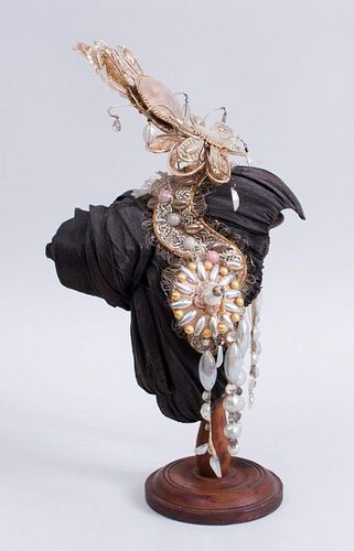 FABRIC, GOLD AND SILVER THREAD AND PLASTIC HEADDRESS, POSSIBLY LALIQUE