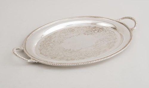 CARRINGTON & CO. SILVER-PLATED OVAL TRAY WITH GADROON RIM, ANOTHER SIMILAR, TWO-HANDLED TRAY AND A CIRCULAR SERPENTINE-RIMMED