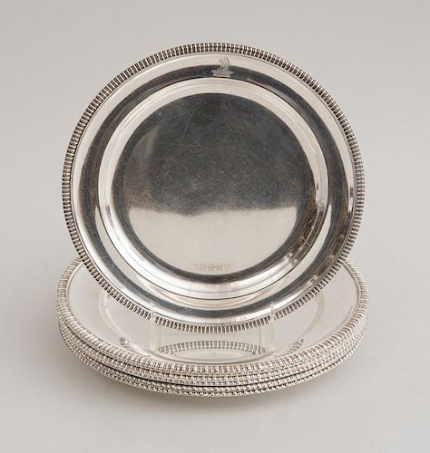 SET OF SIX IRISH SILVER-PLATED SECOND COURSE PLATES AND A SINGLE CRESTED PLATE