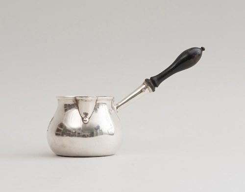 GEORGE III CRESTED SILVER SAUCEPAN WITH WOOD HANDLE