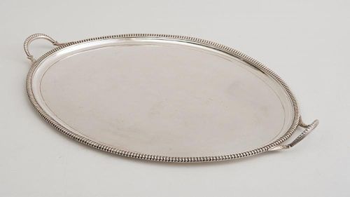 TWO ENGLISH SILVER-PLATED TWO-HANDLED OVAL TRAYS