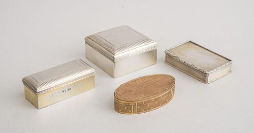 TWO MATCHING GEORGE III SILVER GILT SNUFF BOXES, A VICTORIAN SILVER GILT BOX WITH ENGRAVED SURFACE AND A FRENCH PINCHBECK OVA