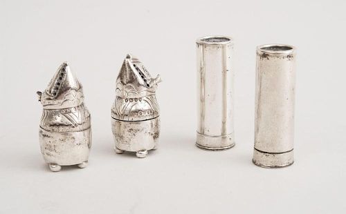PAIR OF VICTORIAN CRESTED FISHHEAD-FORM PEPPERS AND A PAIR OF INDIAN SILVER CARTRIDGE-FORM PEPPERS, 'SOUVENIR OF BIKANER'