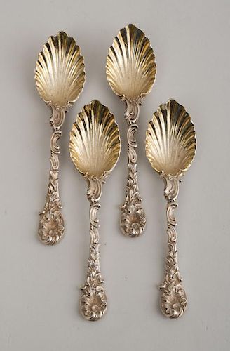 SET OF FOUR EARLY VICTORIAN CRESTED SILVER-GILT SHELL SPOONS