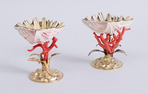 PAIR OF VICTORIAN SILVER GILT-MOUNTED CORAL AND SHELL TAZZAS