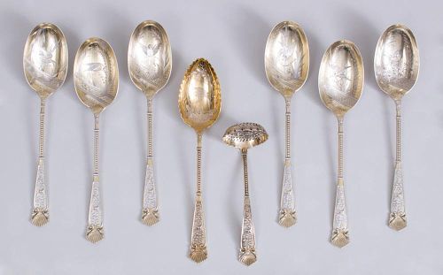 SET OF SIX VICTORIAN PARCEL-GILT SILVER SOUP SPOONS AND A MATCHING LOBED SPOON AND A SAUCE LADLE