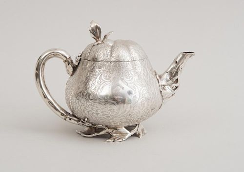 VICTORIAN ENGRAVED AND CRESTED SILVER MELON-FORM INDIVIDUAL TEAPOT