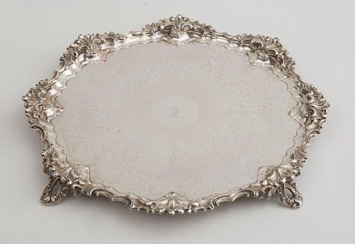 VICTORIAN SILVER-PLATED QUADRUPLE-FOOTED TRAY WITH ENGRAVED DRAGON-HEAD CREST