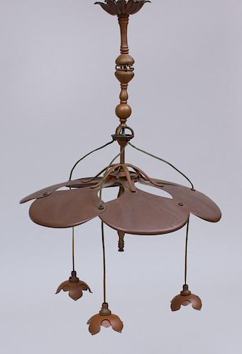 ENGLISH ARTS AND CRAFTS COPPER AND BRASS THREE-LIGHT CHANDELIER, ATTRIBUTED TO W.A.S. BENSON