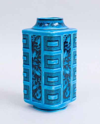 CHRISTOPHER DRESSER FOR MINTON TURQUOISE-GLAZED POTTERY SQUARE-FORM 'PERSIANWARE' VASE