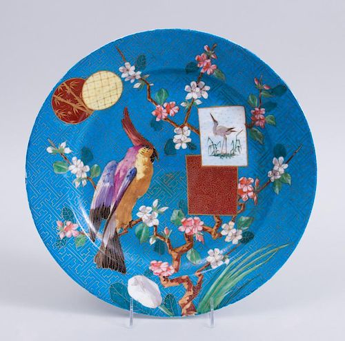 ARTS AND CRAFTS TURQUOISE-GROUND 'CLOISONNÉ' PORCELAIN CHARGER WITH PARROT