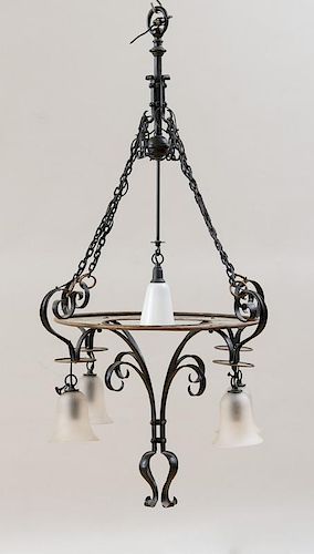 ENGLISH ARTS AND CRAFTS COPPER AND WROUGHT IRON FIVE-LIGHT CHANDELIER