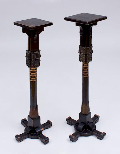 PAIR OF AESTHETIC MOVEMENT METAL-MOUNTED EBONIZED AND PARCEL-GILT PEDESTALS, IN THE NEO-EGYPTIAN TASTE
