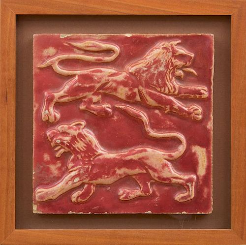 MARBLEIZED POTTERY NINE-TILE PANEL, A RED LUSTRE DOUBLE LION TILE AND A SPOTTED BLUE TILE